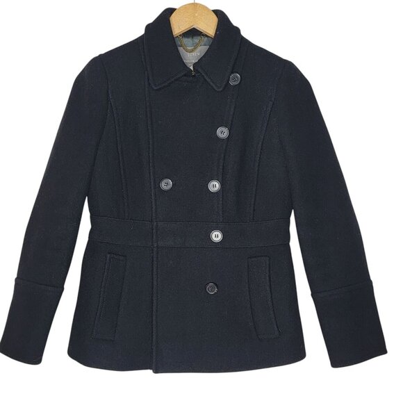 J. Crew Stadium Cloth by Nello Gori Black Lined Pea Coat Wool Size 2 Petite / 2P - Picture 1 of 5